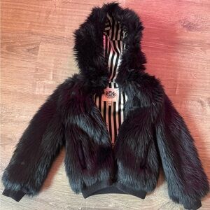 Juicy Couture Fauz fur hooded black Jacket with Striped Lining. Size 4/5